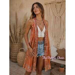 SOFT SURROUNDINGS Boho Burnt Orange Bead & Sequin Mesh Longline Vest XL